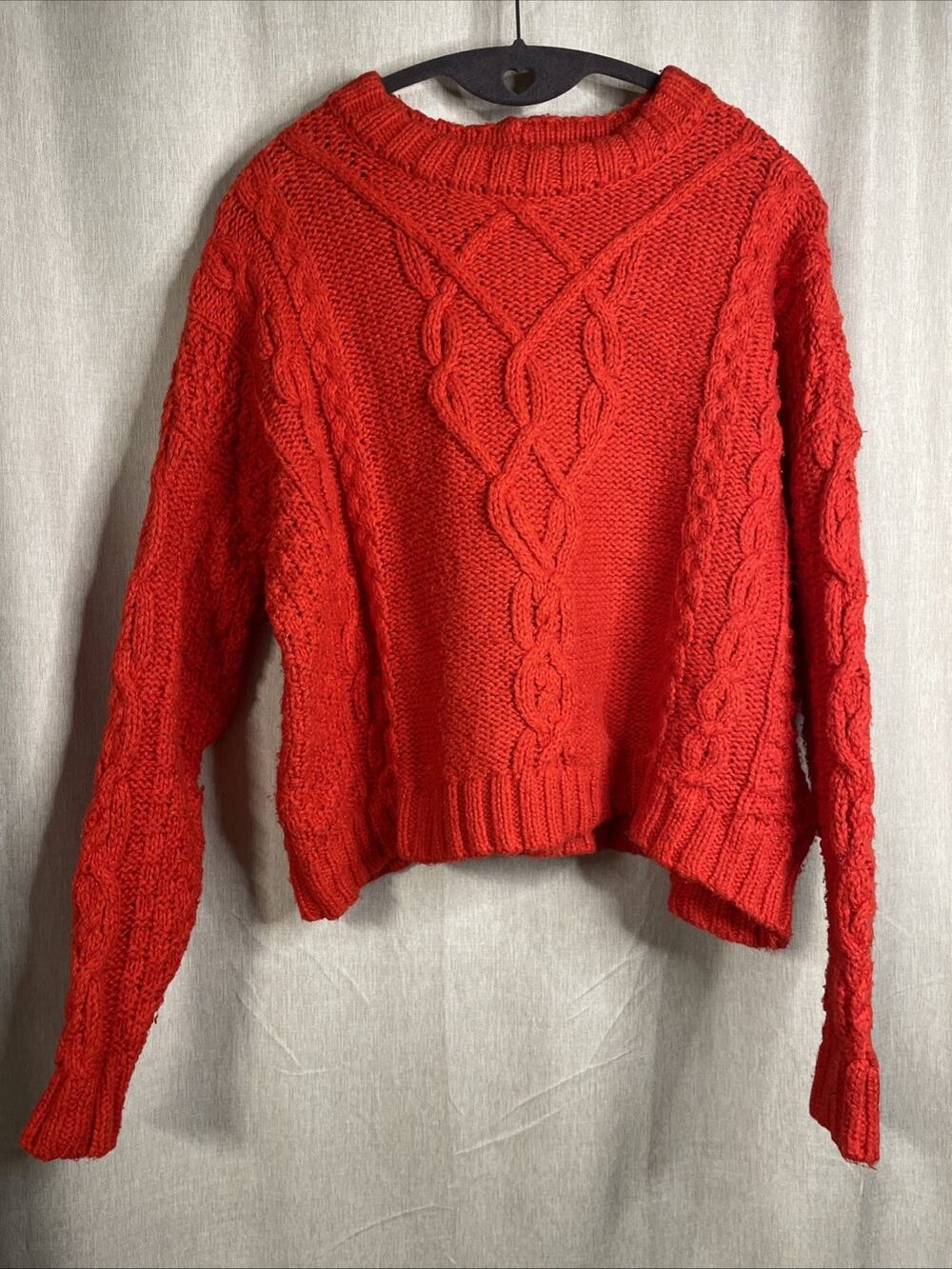 Aerie Linden Emerald Orange/Red Cable Knit Crewneck Pullover Sweater - Size XS